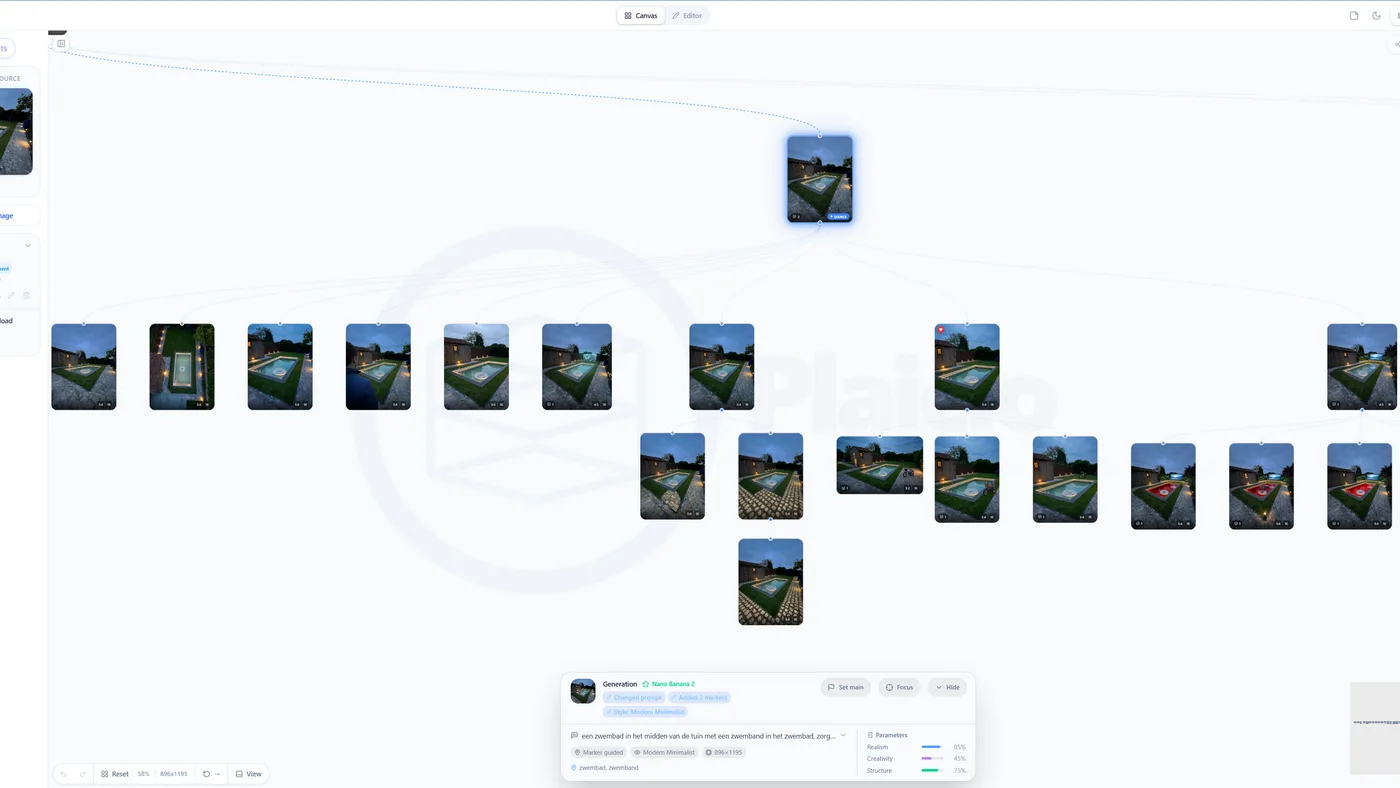 Plaicio canvas workspace showing branched AI render options connected to source images