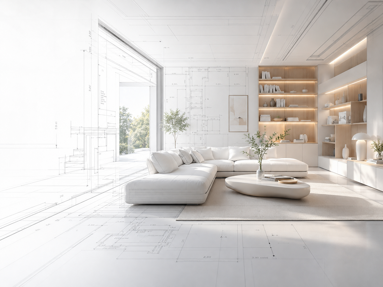 Bright interior concept that blends architectural drawings into a finished living room render
